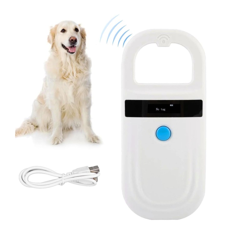 Állatcímke-szkenner, asskanaer, Hordozható állat chip olvasó, Bluetooth, Gyors USB töltés, OLED kijelző, 256 üzenet tárolása, Támogatja az ISO1178/85, FDX-B technológiát, Kutyák, macskák és füljelzők számára alkalmas, 13.5*6*1.5cm