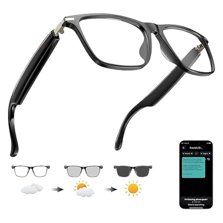 AI-fordító okosszemüveg, Bluetooth férfiaknak és nőknek, átlátszó, színváltó lencsével, 164 nyelven, beépített kettős hangszóróval, napszemüveg, utazás, üzlet