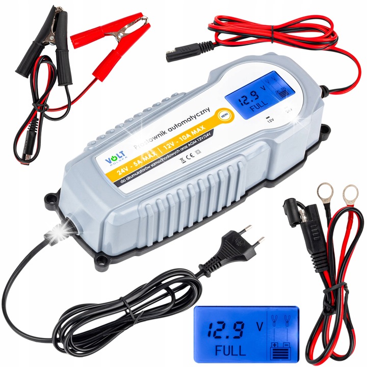 Автоматично зарядно устройство 10A Volt, 12V/24V, LCD, за оловни, гелови и AGM акумулатори, комплект с два кабела