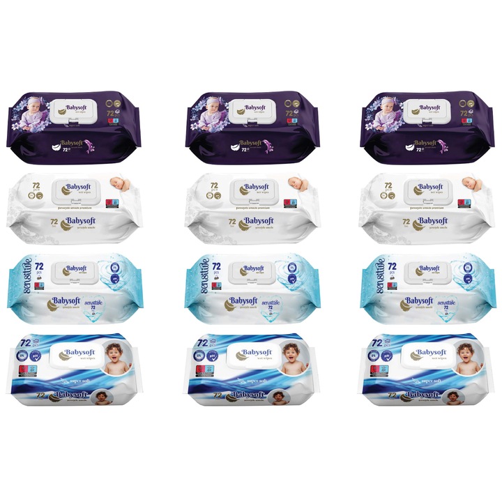 Set Servetele umede Babysoft 72 bucati/pachet - 12 pachete diverse sortimente mix