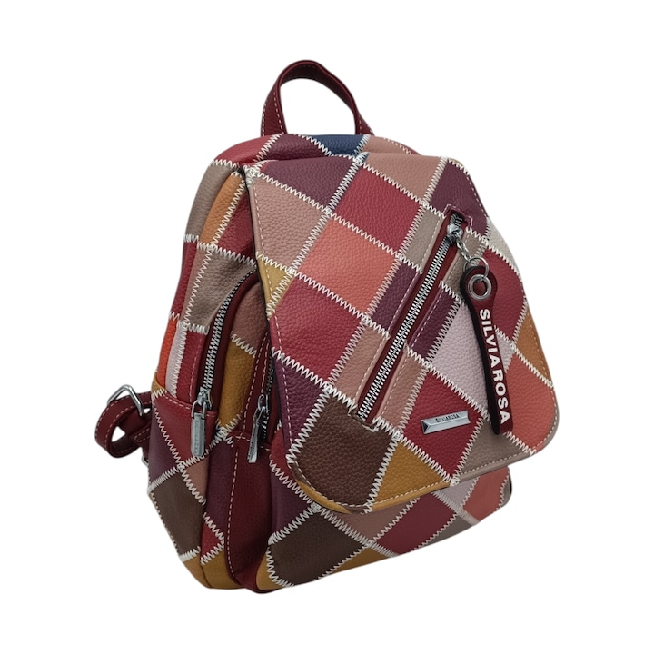 Rucsac dama Silvia Rosa SR-6098 Patchwork, 30 × 25 × 10 cm, culoare Bordo