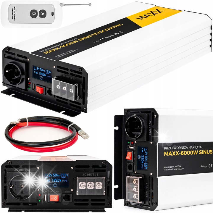 Inverter 12VDC-230VAC MAXX 3000/6000W, szinuszos, távirányítóval, méretek 535x262x150mm