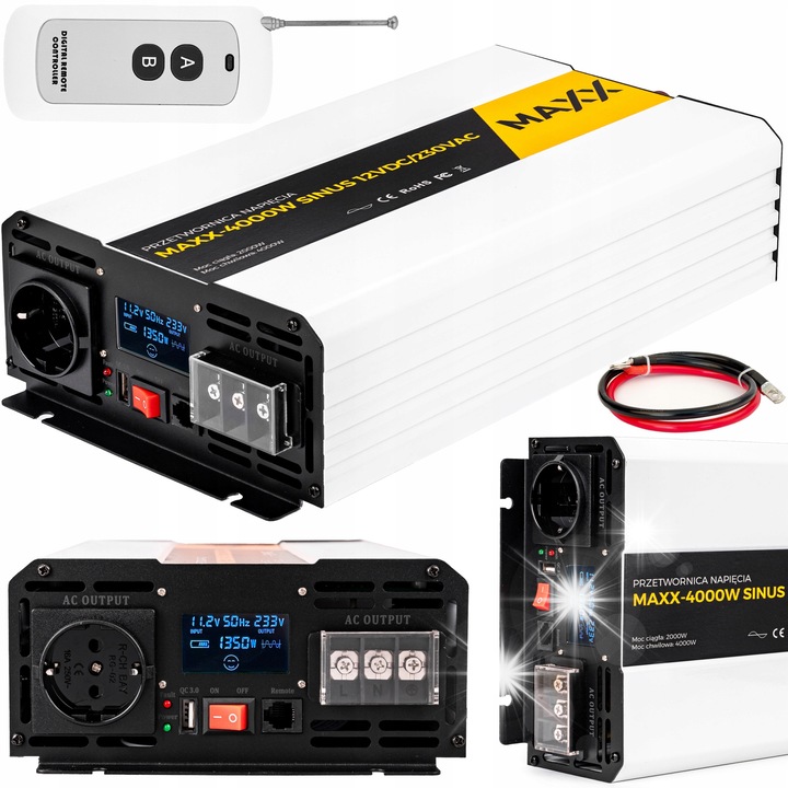 Inverter 12VDC/230VAC MAXX 2000/4000W, szinuszos, távirányítóval, méretek 430x255x140mm