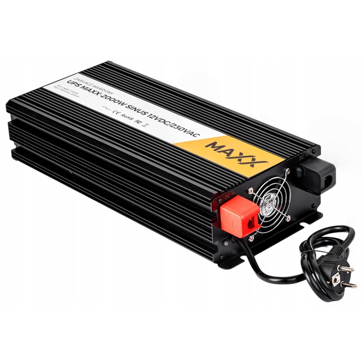 Inverter UPS MAXX 2000W, 1000W folyamatos, tiszta szinusz, 12VDC/230VAC, 525x240x155mm, távirányítóval