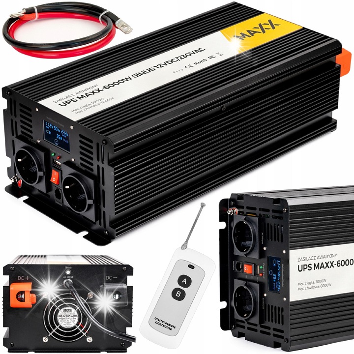 Inverter UPS MAXX 6000W, 3000W folyamatos, 12VDC/230VAC, vészhelyzeti tápellátás funkció, távirányítás, 420x180x120mm