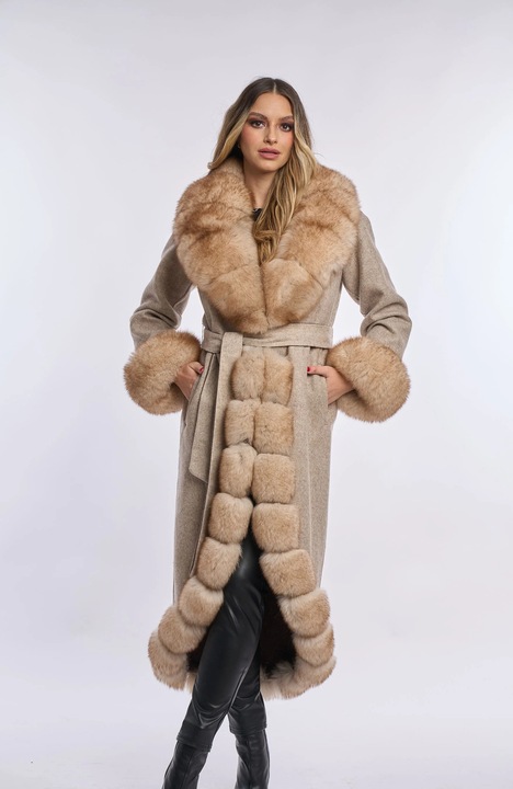 Palton lana alpaca cu blana naturala de vulpe crem, Crem