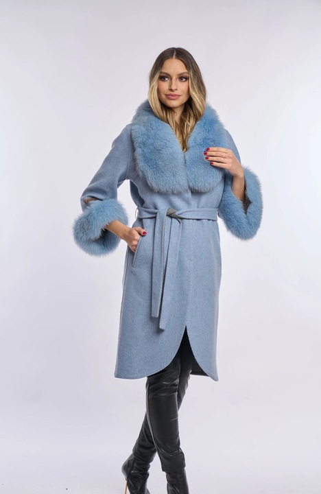 Palton lana alpaca cu blana de vulpe, Baby Blue, Albastru deschis