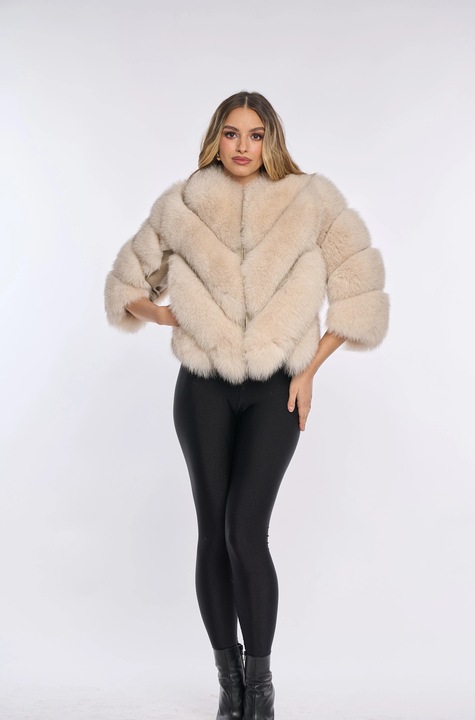 Haina din blana naturala de vulpe, model in V bej, maneca 3/4, 2 in, Bej