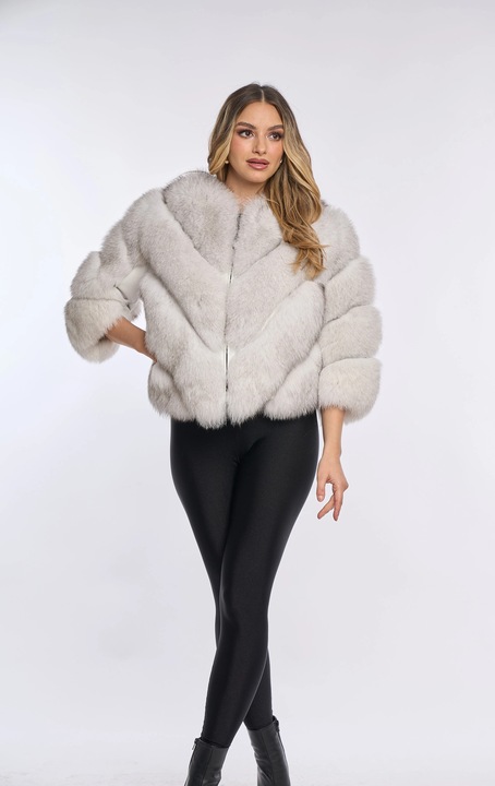 Haina din blana naturala de vulpe, model in V alb spicuit, maneca 3/4, 2 in, Alb