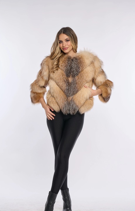Haina din blana naturala de vulpE canadiana, model in V, maneca 3/4, 2 in