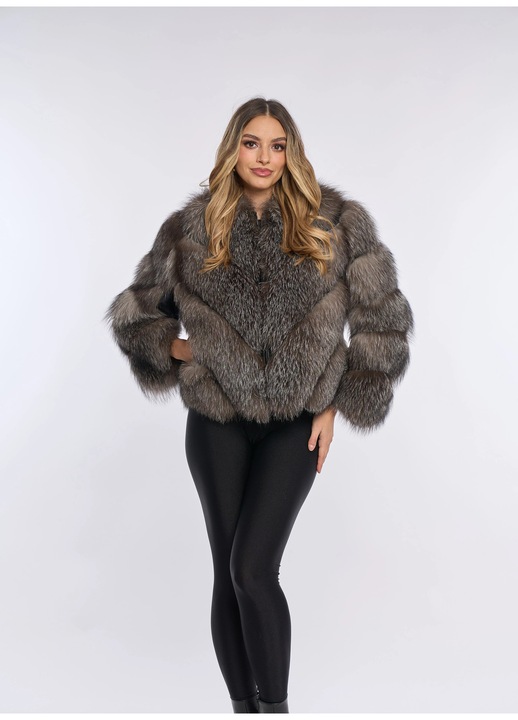Haina din blana naturala de vulpe argintie, model in V, 2 in, Argintiu