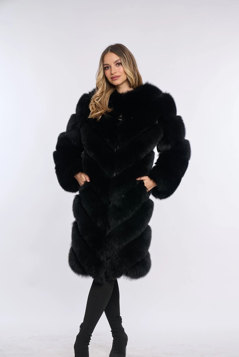 Haina din blana naturala de vulpe neagra, Zipper, 2 in, Negru