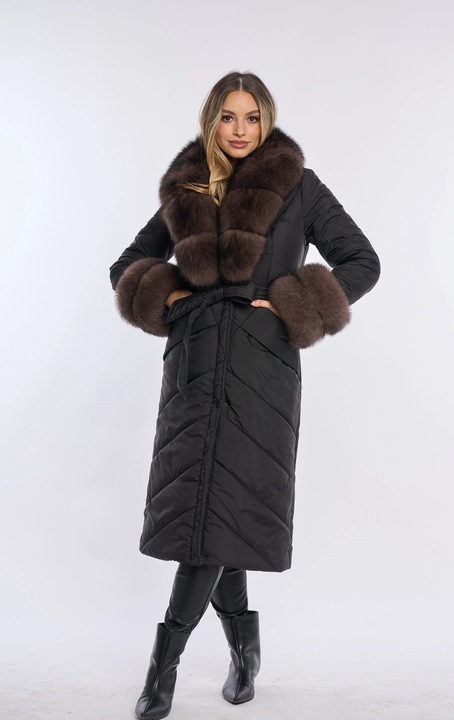 Geaca fas lunga cu blana naturala de vulpe, Samur, Negru