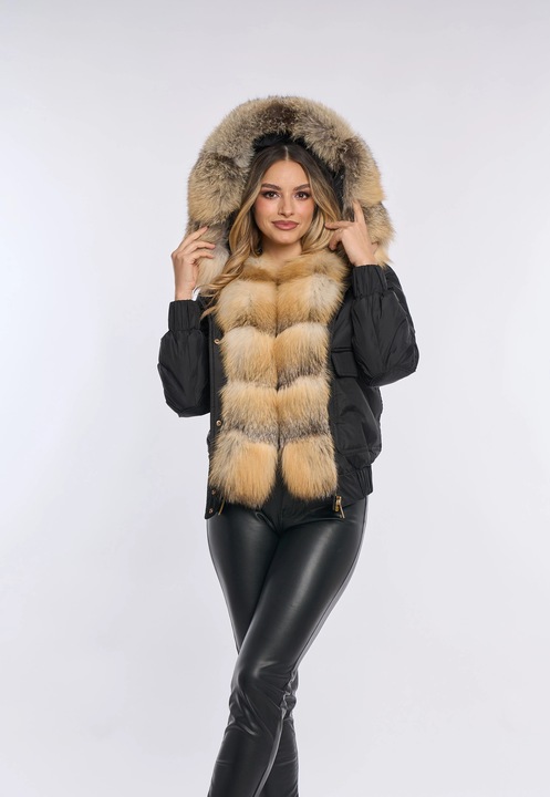 Geaca fas parka scurta cu blana naturala de vulpe, Neagra, Negru