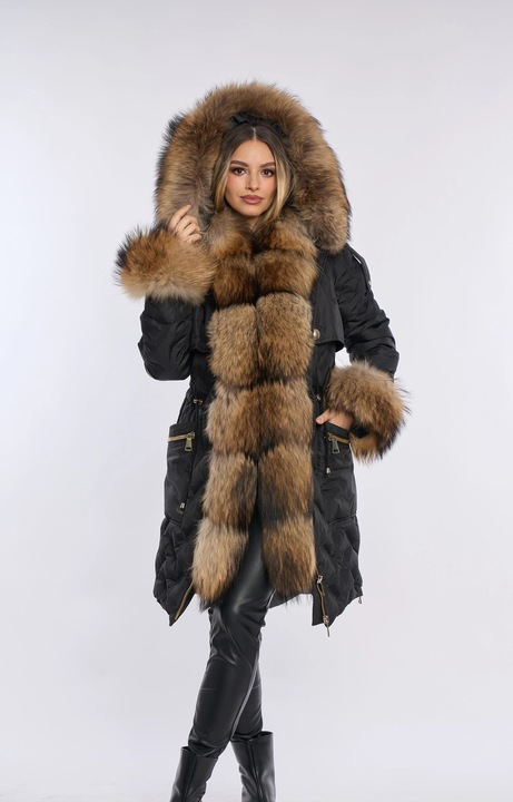 Geaca fas parka lunga cu blana naturala de raton, Negru
