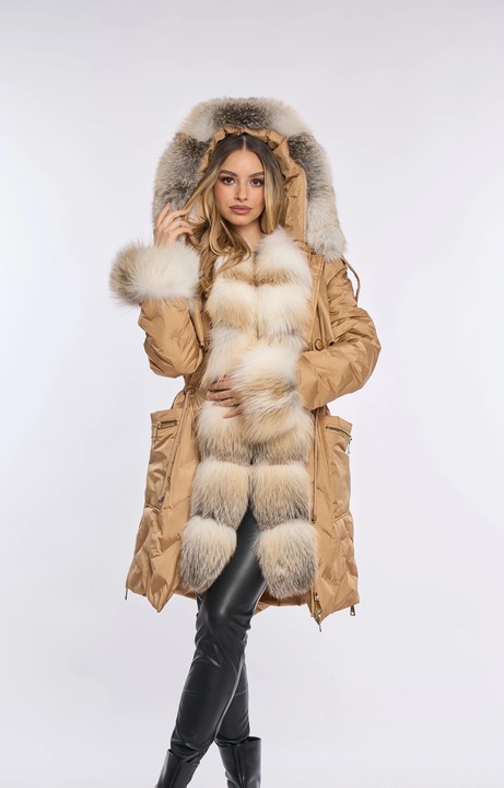 Geaca fas parka lunga cu blana naturala de vulpe, Camel, Maro camel