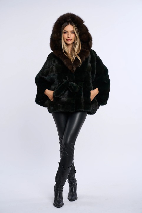 Haina blana naturala de vizon cu blana de zibellina, verde petrol - one-size