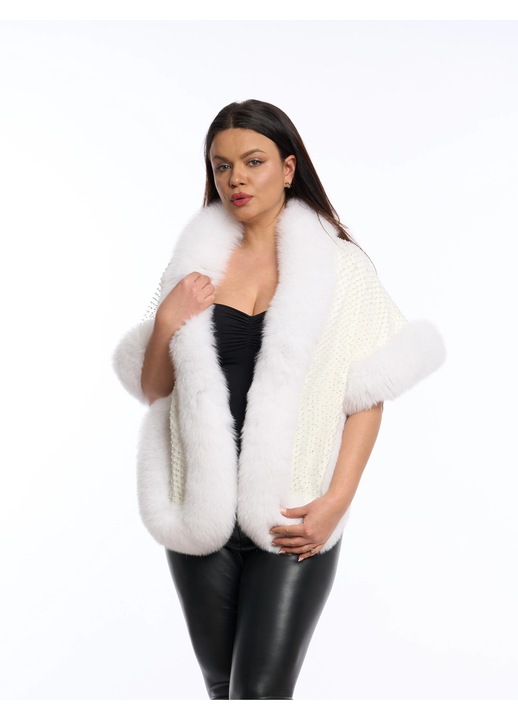 Capa din blana naturala de vulpe cu strasuri, alb spuma - one-size