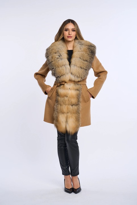 Palton lana cu blana naturala de vulpe, Camel, Galben
