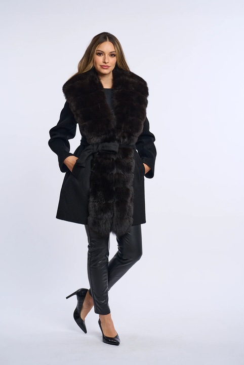 Palton lana cu blana naturala de vulpe dark, Negru, Albastru