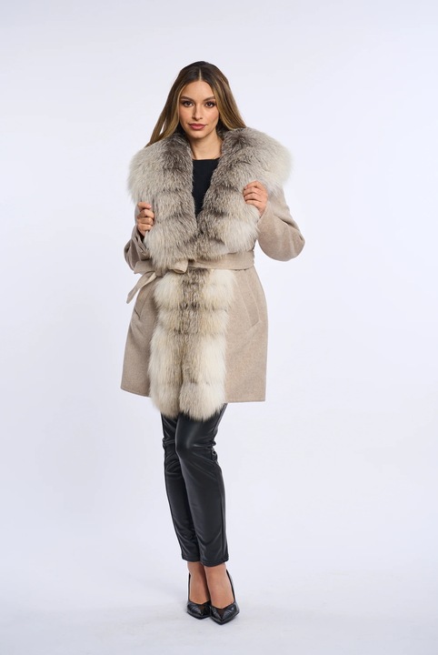 Gyapjúkabát természetes róka prémel, Bézs, Bézs