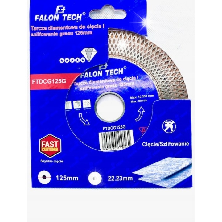 Диамантен диск 125мм Falon-Tech, дебелина 1,2мм, металик син цвят, за плочки, сухо рязане
