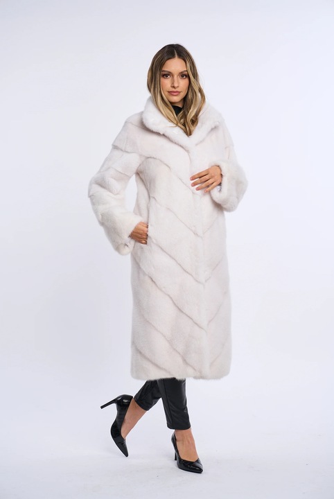 Haina blana naturala de vizon lunga, croi in V, ALBA, Negru