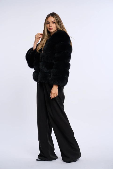 Haina blana naturala de vulpe neagra cu fermoar lateral, Negru