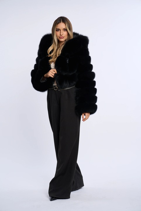 Haina blana naturala de vulpe neagra, gluga cu fermoar, Negru