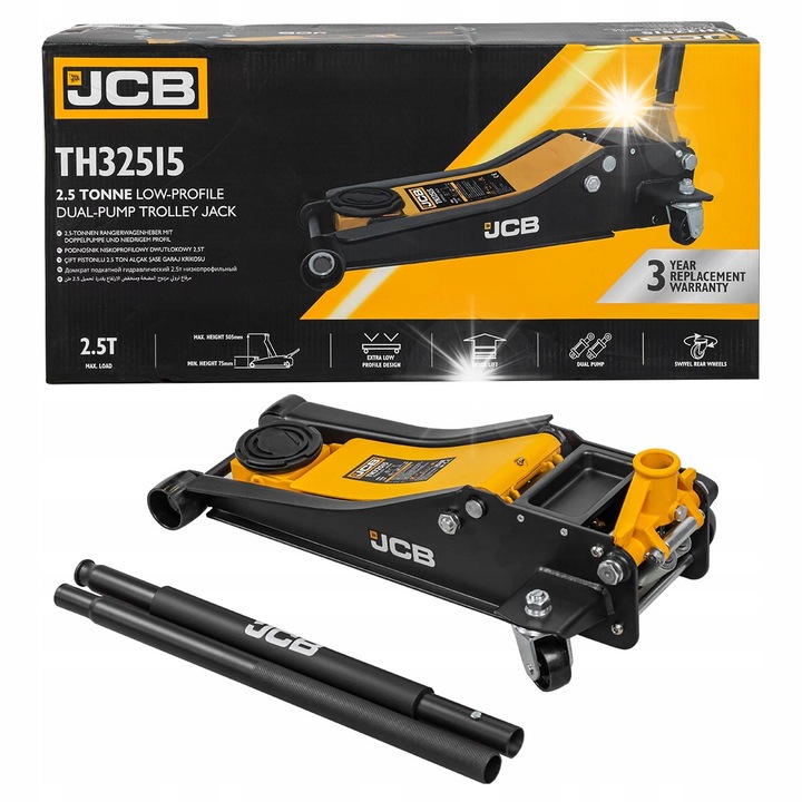 Автомобилен подемник JCB, хидравличен крик 2,5 тона, размери 738x353x156mm, минимална височина 75mm, максимална височина 505mm