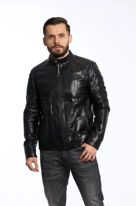Férfi valódi bőr dzseki, pitonbőr, Fekete