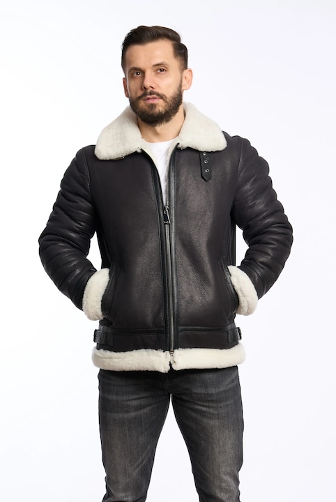 Geaca din piele naturala pentru barbati, blana naturala de miel pe interior, negru - 5xl