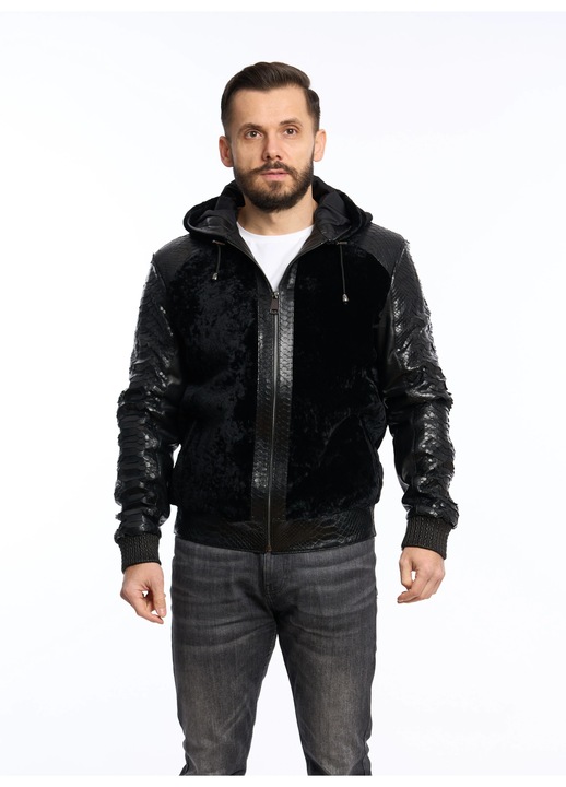 Geaca din piele naturala pentru barbati cu astrahan si gluga, Negru