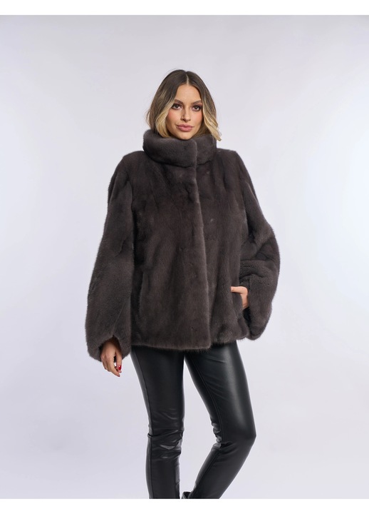 Geaca din piele naturala cu gluga si 2 fete, model oversize