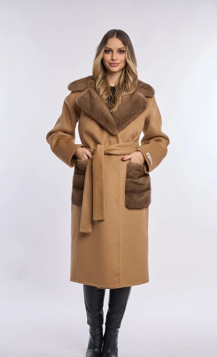 Palton lana cu blana naturala de vizon, Maro, Maro