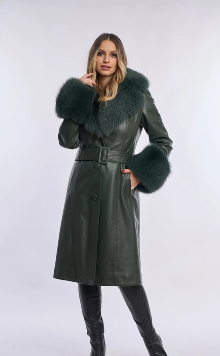 Palton piele naturala cu blana de vulpe, verde petrol, Verde petrol