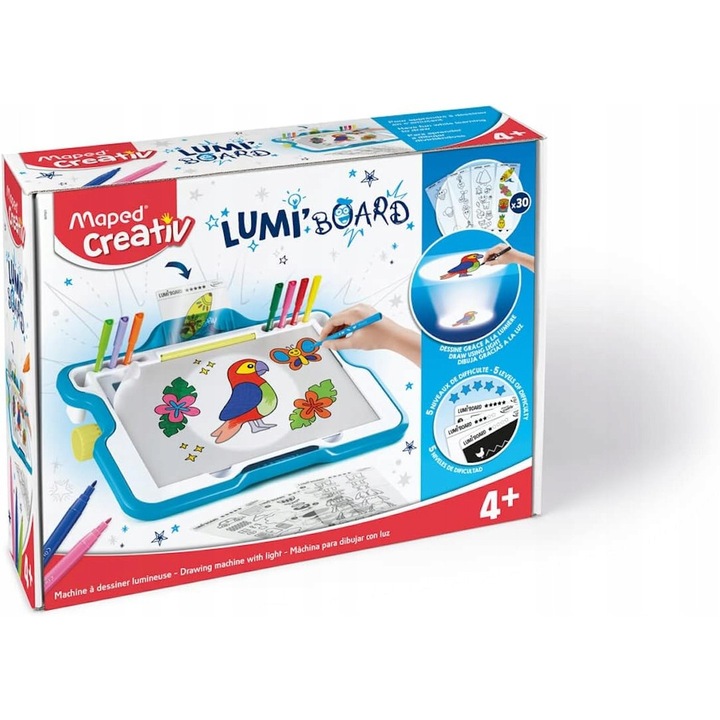 Set tablica iluminata pentru desenare, Maped, 5 niveluri dificultate, 12 markere, 39x30x10cm