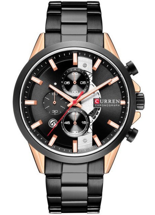 Ceas barbatesc Curren 8325, cronograf, negru, roz auriu, 48x53x13mm