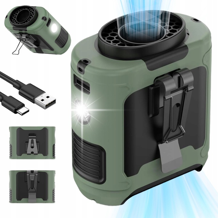Mini ventilator portabil, 10000mAh, 5 viteze, negru si verde, dimensiuni 86x46x98mm, set cu suport si snur