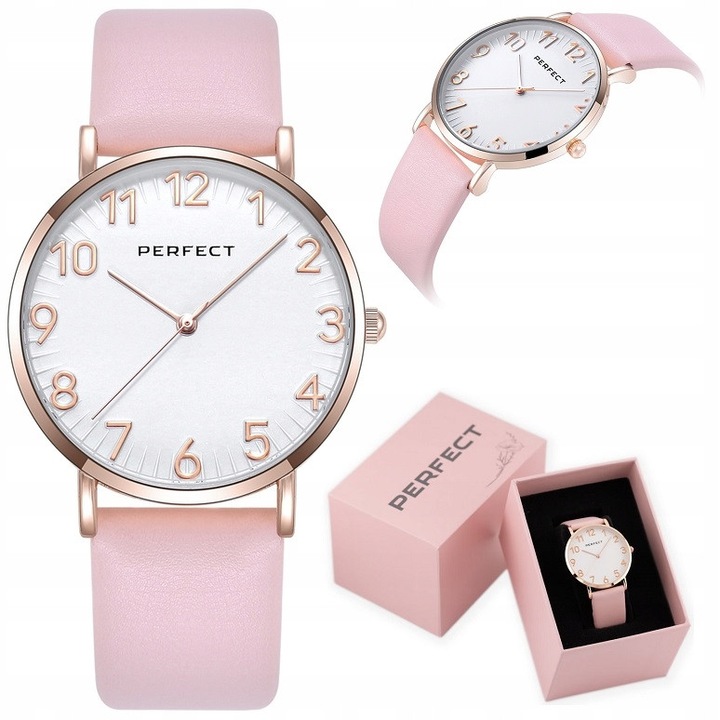 Ceas dama Perfect Bella, curea piele gri sau roz, cadran alb, 36x36x7mm, set cu cutie si gravura