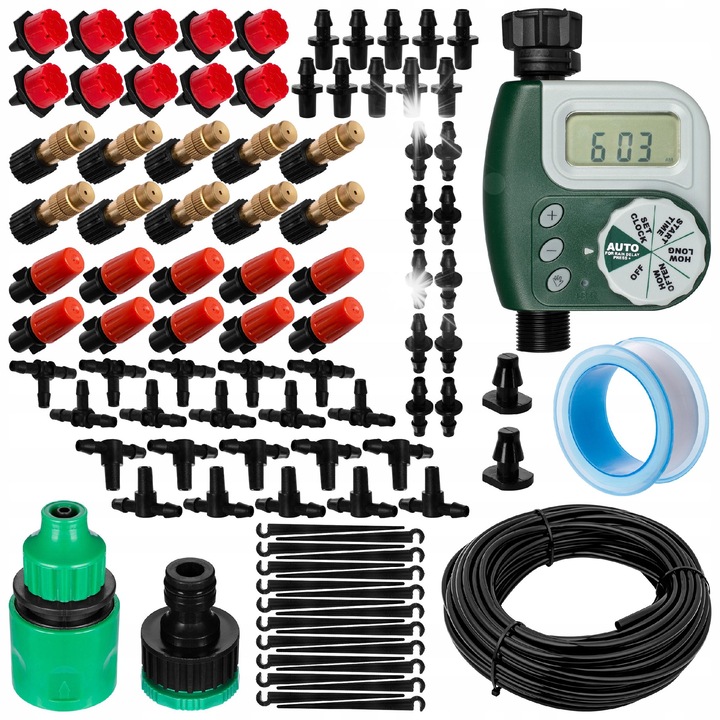 Комплект за автоматично напояване GARDEN PRO 100, 20м маркуч, 10 регулируеми дюзи, 10 пулверизатора, 10 капкообразувателя, 16x10x5см