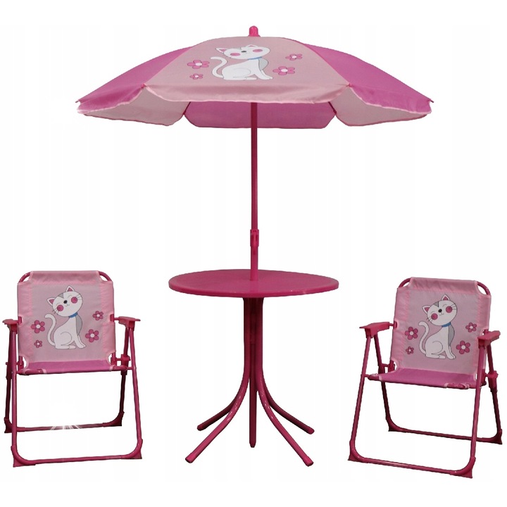 Kotek kerti bútor szett gyerekeknek, 2 szék, asztal, napernyő, többszínű, szék mérete 29x29x52cm, asztal átmérője 50cm