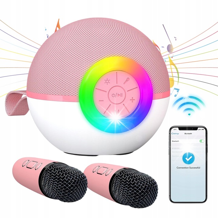 Set karaoke 2 microfoane, difuzor wireless roz Bluetooth 5.3, efecte sonore, portabil