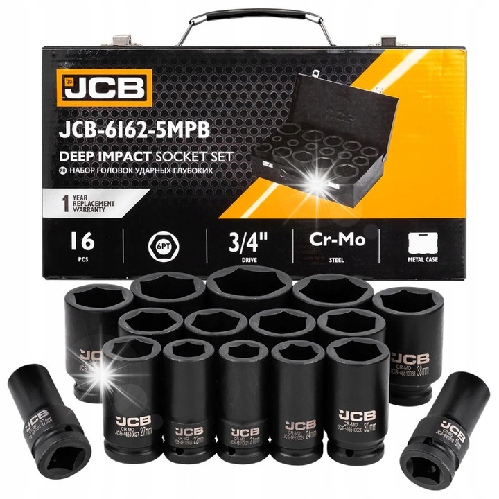 JCB 16 részes dugókulcs készlet 3/4" 17-50mm, CR-MO acél, 6-lapú, Súly 10,8kg
