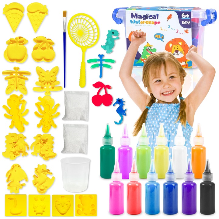 Set creativ pentru copii Pixel, masa plastica, 12 culori gel, 10 forme, in cutie de depozitare