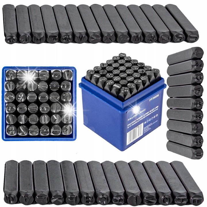 Számozó jelölők, 36 darabos, 6mm, Falon-Tech, betűk és számok, szénacél, műanyag tok