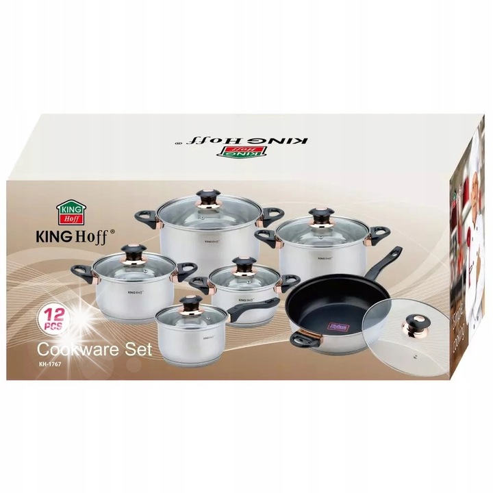 Set oale din inox Kinghoff, 12 elemente, 2.1L-6.6L, cu capac, rezistente, inductive