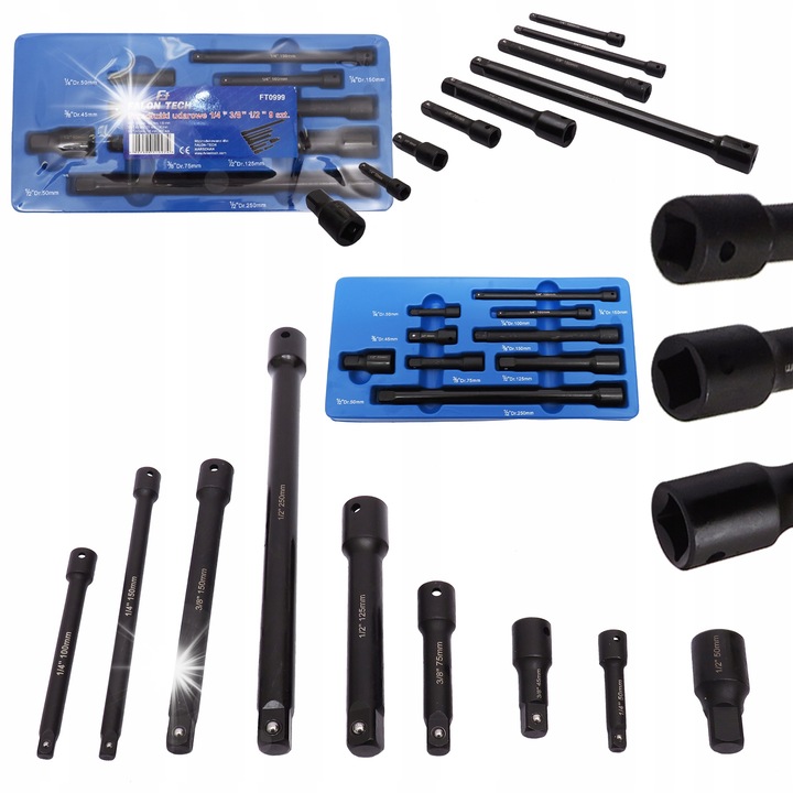 9 darab Falon-Tech ütvecsavarozó hosszabbító készlet, 1/4", 3/8", 1/2", 50-250mm, 1,2kg