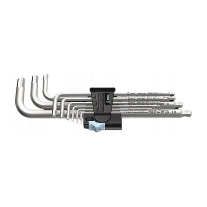 Set Chei Imbus Hex-Plus Wera, 9 Piese, Inox, Varf cu Bila, Suport Practic