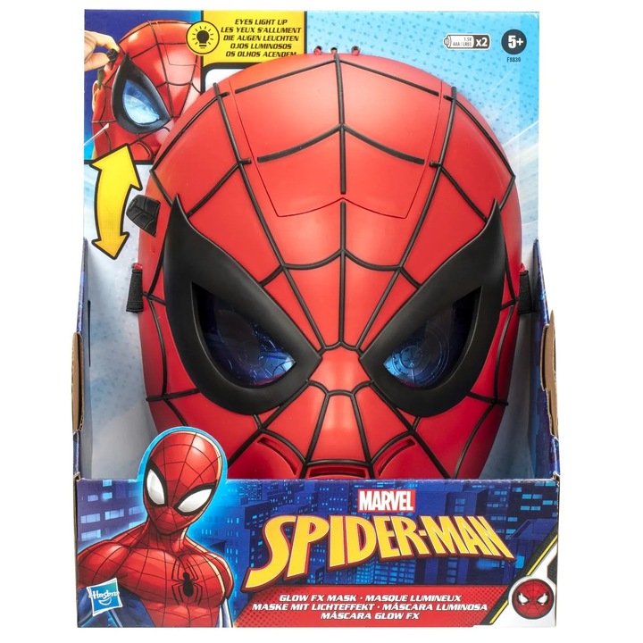 Figurină Spider-Man, Hasbro, masca glow FX cu ochi luminosi, albastră, pentru băieți